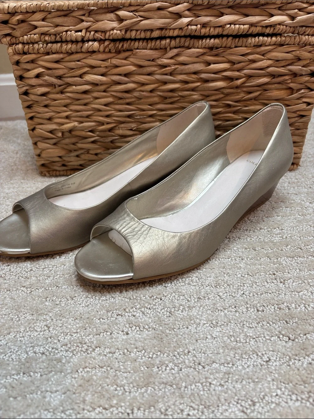 Cole Haan Metallic Gold Peep-Toe Wedge Heels Size 9.5 EUC